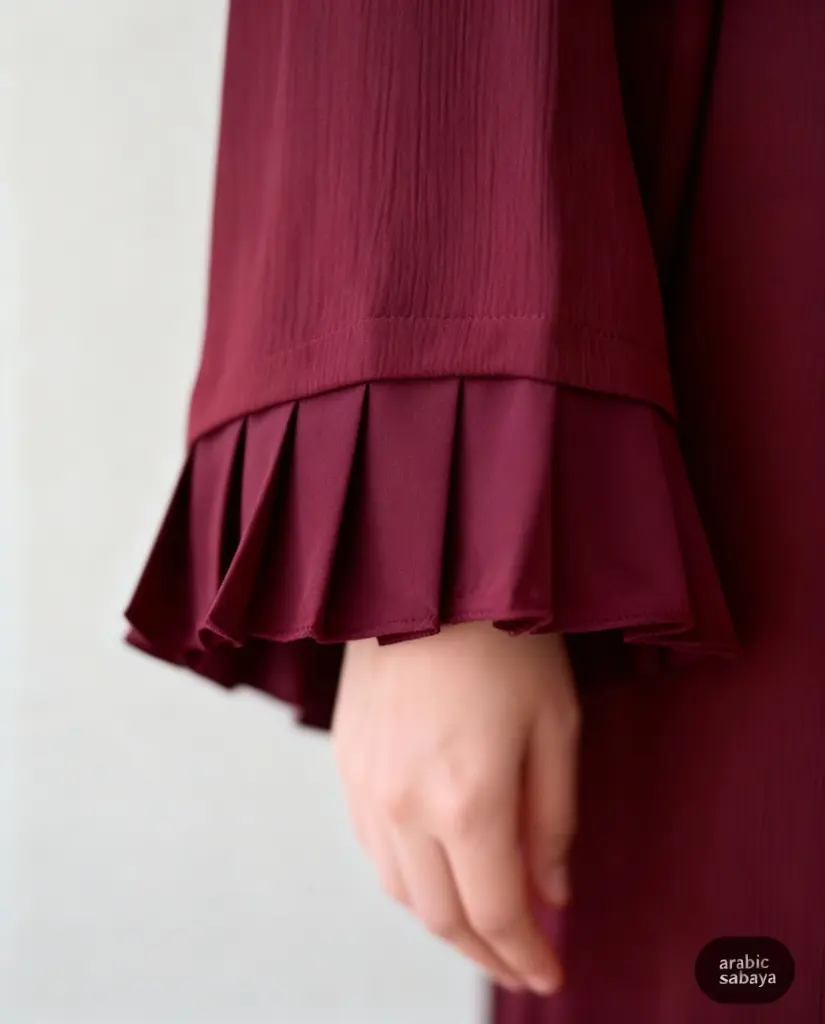 Maroon Abaya Simple Pleated Sleeves Closeup.webp